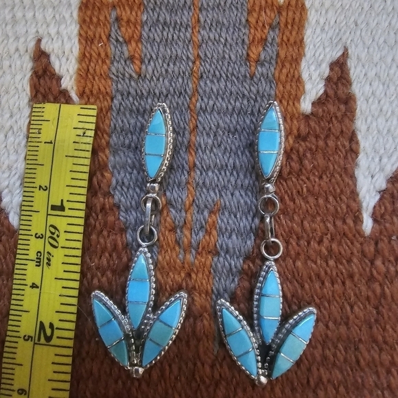 Large 2in Turquoise Sterling Inlayed Post Dangle Native American Earrings - Picture 4 of 7